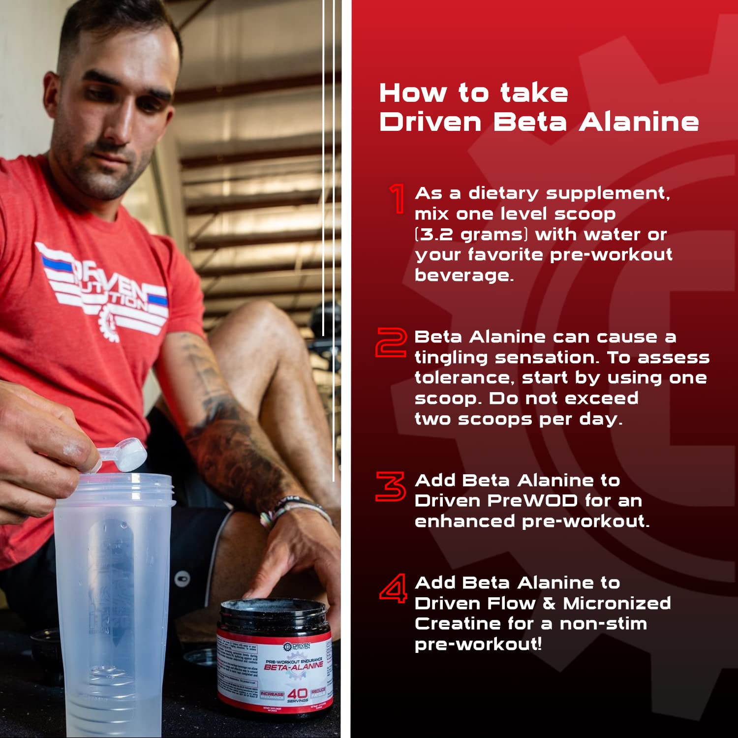 Driven Nutrition Beta Alanine, Unflavored - Preworkout Carnosine Booster for Physical Endurance, Reduce Lactic Acid & Muscle Fatigue, Support Workout Capacity for Weightlifting & High Intensity Cardio