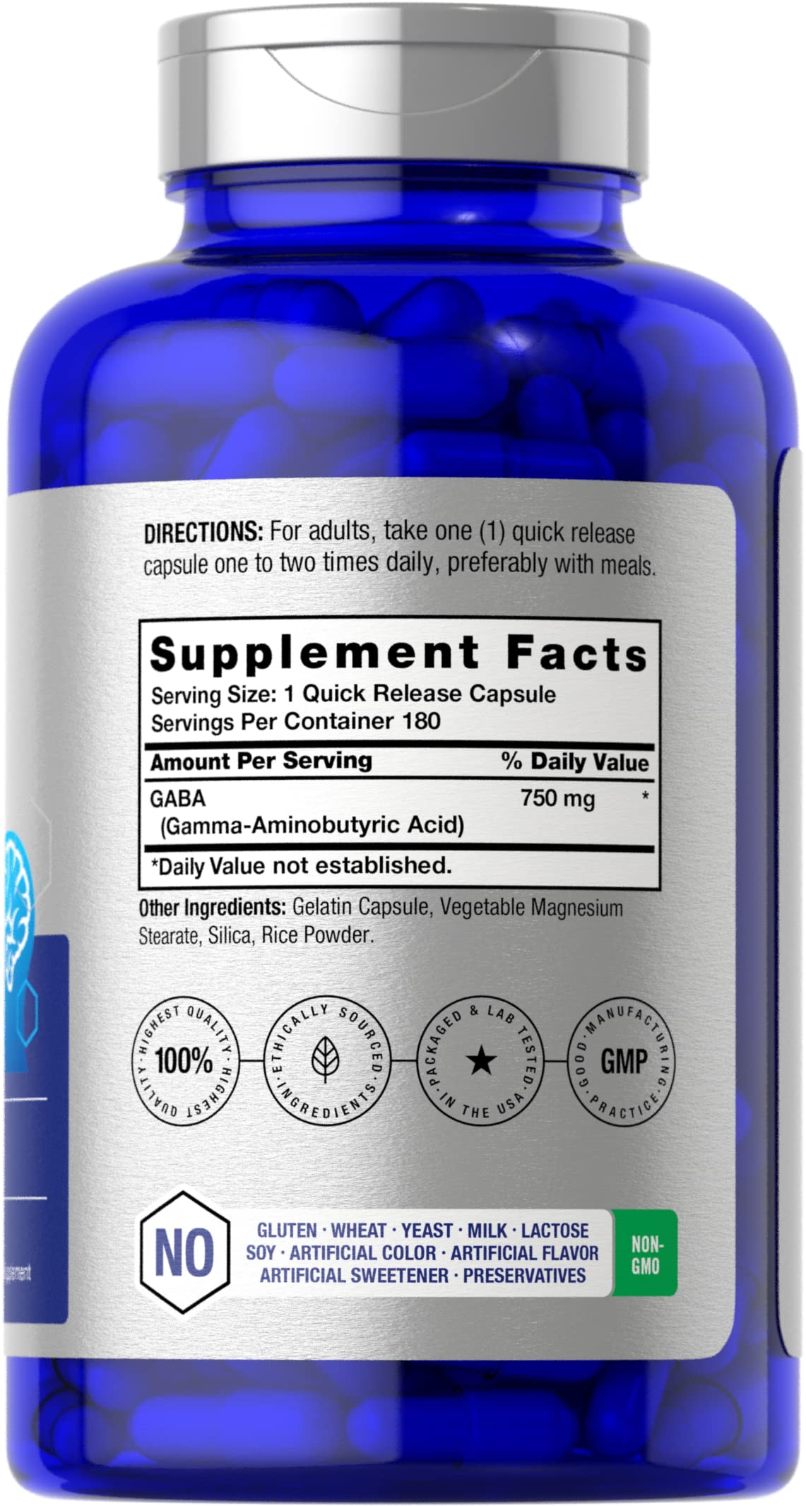 GABA 750mg | 180 Capsules | Gamma Aminobutyric Acid Supplement