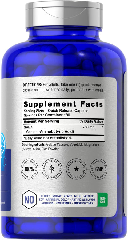 GABA 750mg | 180 Capsules | Gamma Aminobutyric Acid Supplement