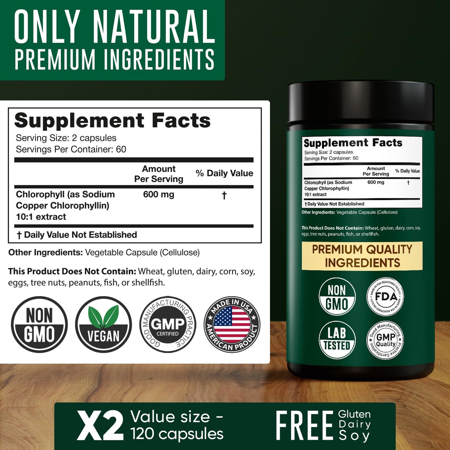 Chlorophyll Capsules 600 mg - Natural Chlorophyll Pills for Women & Men - Highly BioAvailable