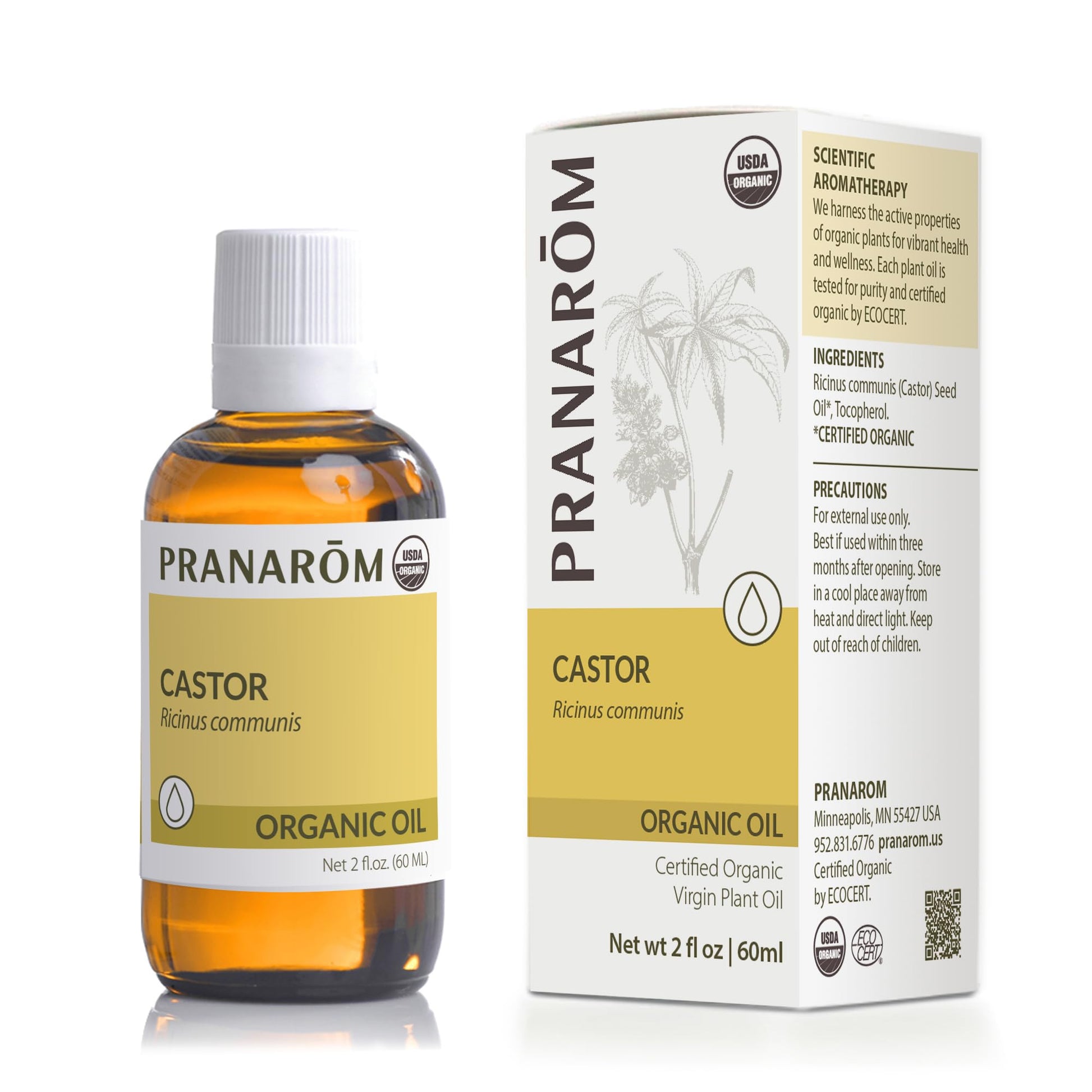 Pranarom - USDA Certified Organic Cold-Pressed Castor Virgin Plant Oil - 2 fl oz Glass Bottle