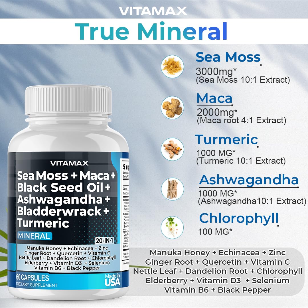Sea Moss, Maca, Black Seed Oil, Ashwagandha, Bladderwrack, Turmeric Vitamax