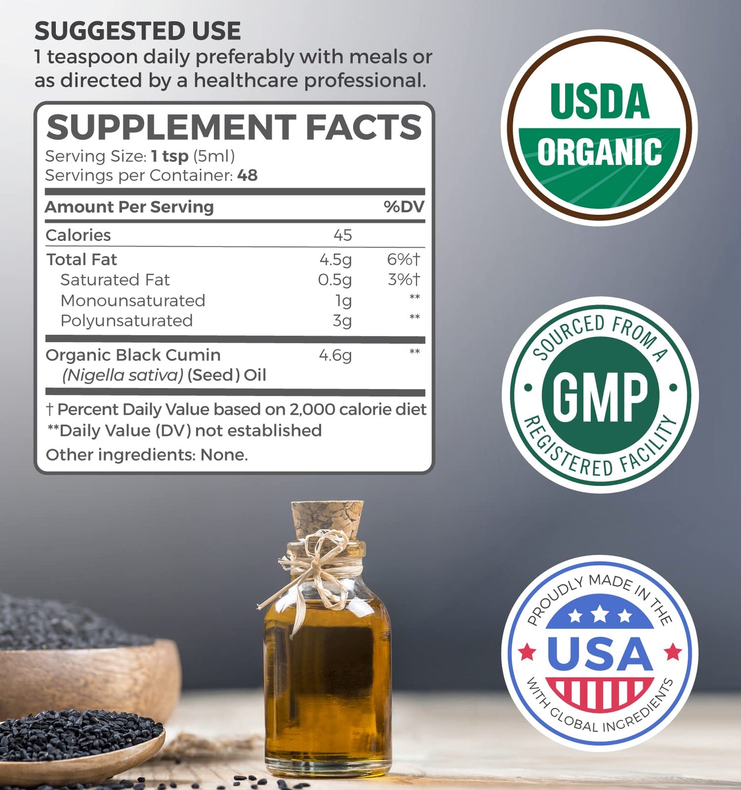 USDA Organic Black Cumin Seed Oil Liquid (8 fl oz) Premium Cold-Pressed Nigella Sativa
