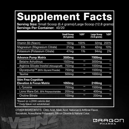 DRAGON PHARMA Mr. Veinz Stim Free Pre-Workout, Extreme Pump & Nootropic Catalyst, Maximize Pumps via Vasodilation & Cell Volumization, Stimulant-Free Formula for Focus (40 Servings, Grape Crush)