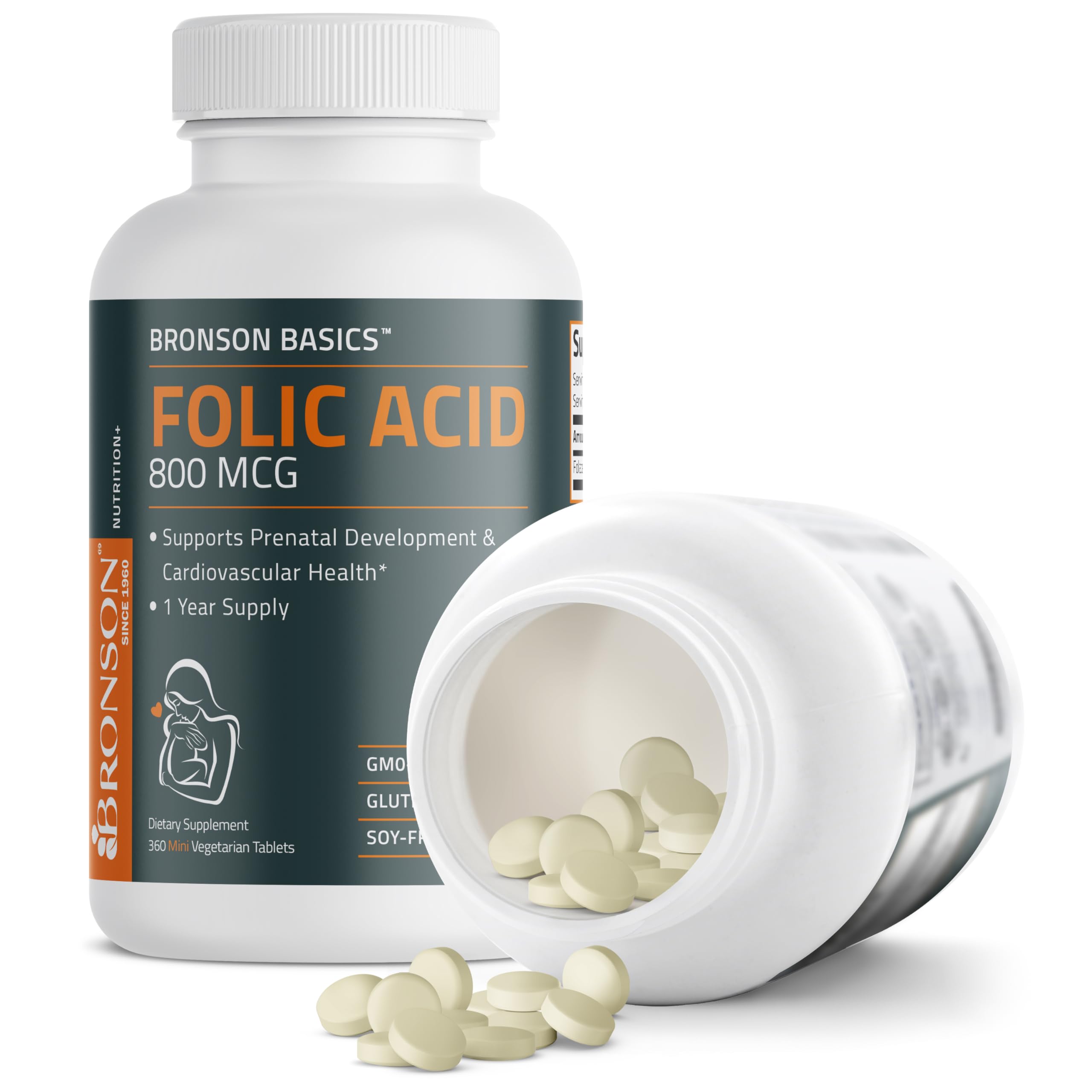 Bronson Folic Acid 800 MCG Supports Prenatal Development, 1 Year Supply, Non-GMO Bronson