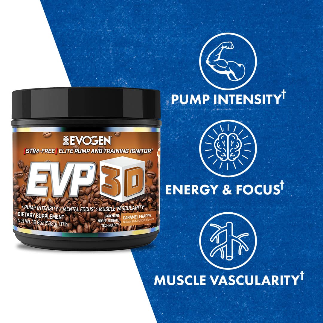 Evogen EVP 3D Caramel Frappe | Xtreme Stimulant Free Pre-Workout Powder, Arginine Nitrate, Citrulline, Beta-Alanine, Lions Mane