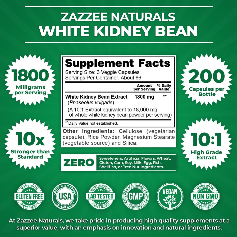 Zazzee White Kidney Bean 10:1 Extract, 18,000 mg Strength, 200 Vegan Capsules, Over 2 Month Supply