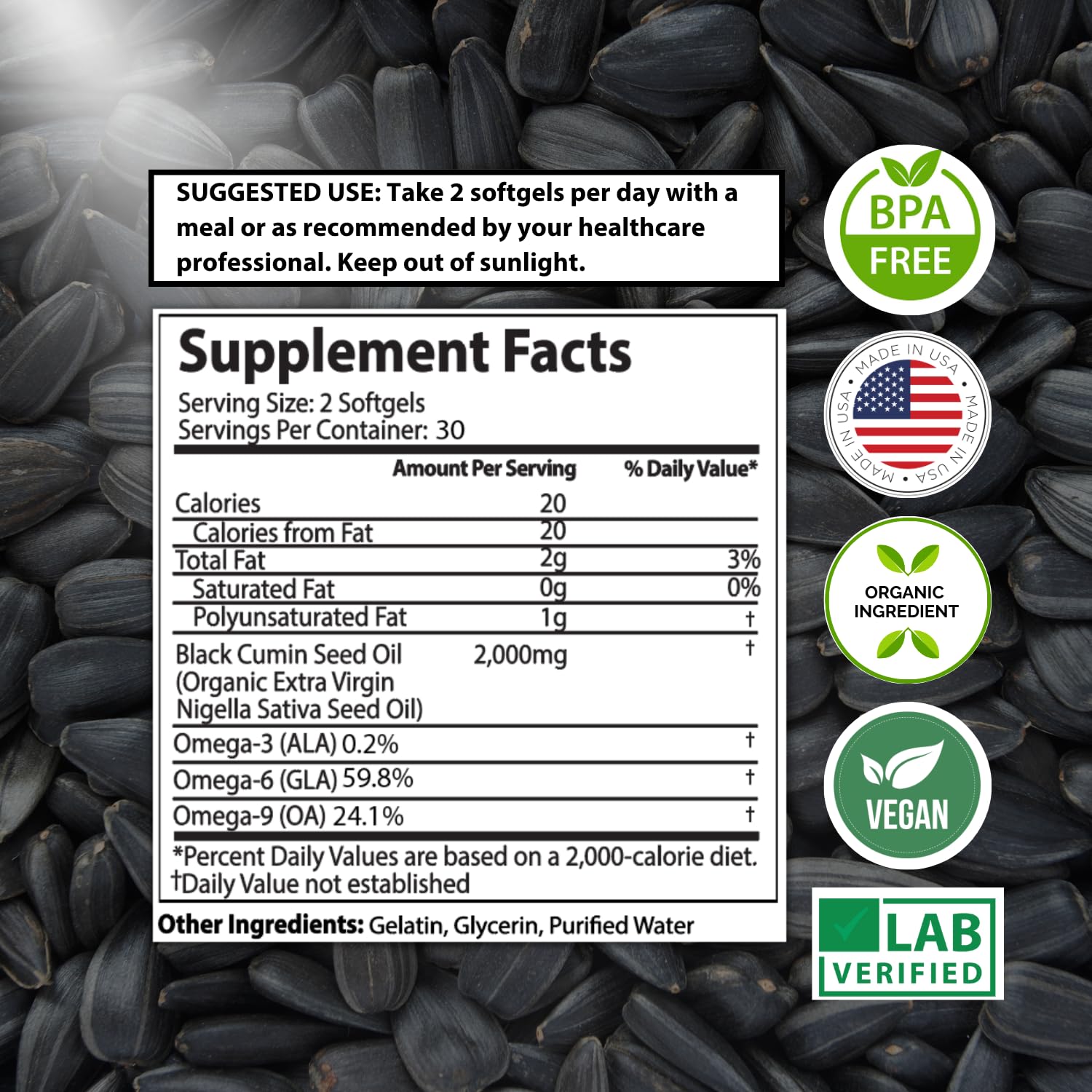 Organic Black Seed Oil 2000mg - 60 Softgel Capsules (Non-GMO) Premium Cold-Pressed Mother Nature Organics Superfoods for Organic Living