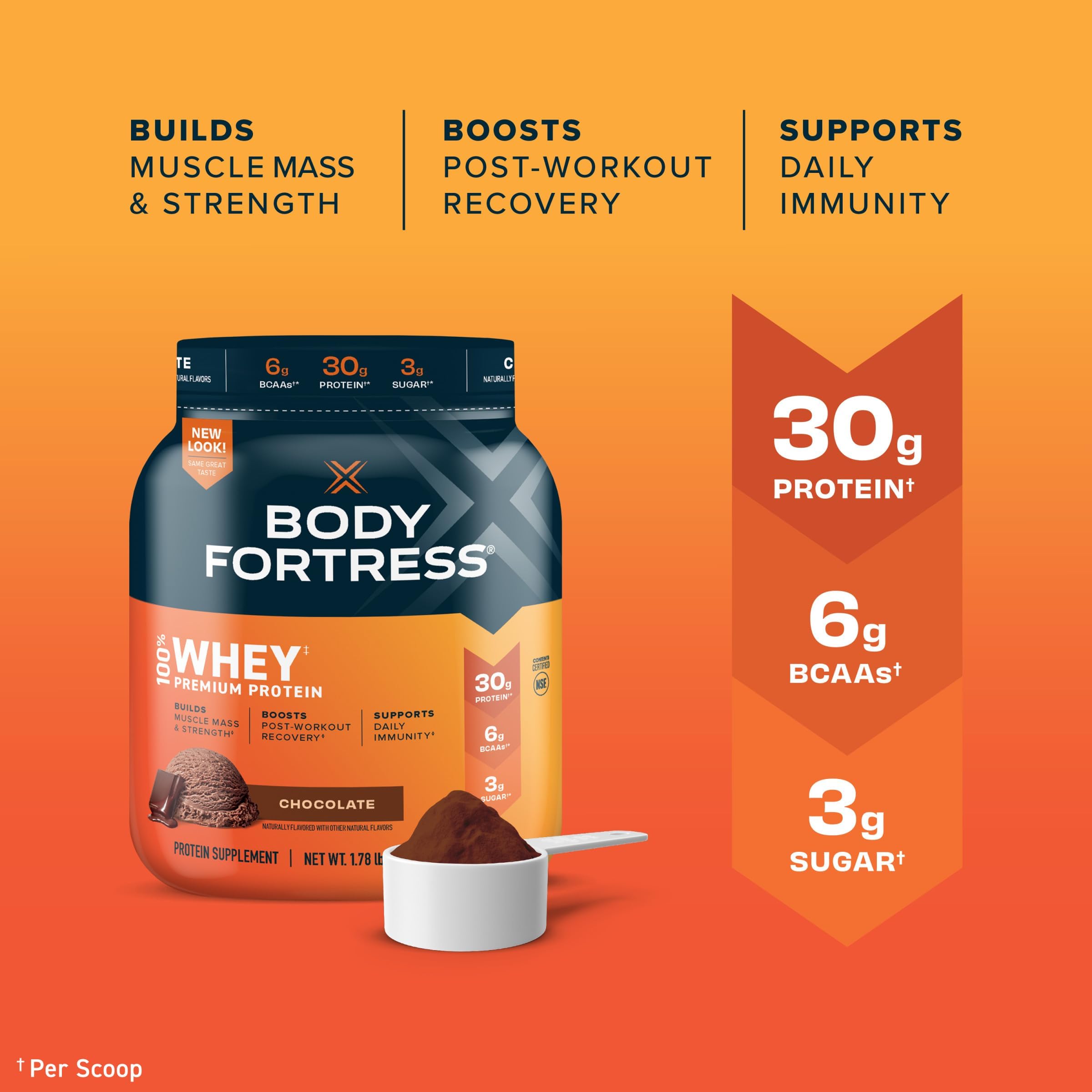 Body Fortress 100% Whey, Premium Protein Powder, Chocolate, 1.78lbs, Packaging May Body Fortress