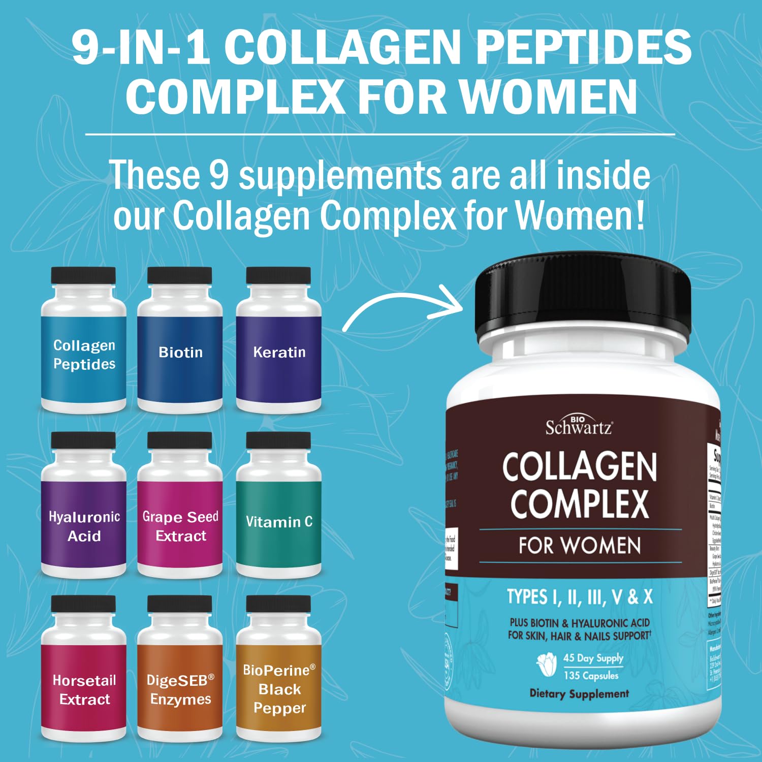 Multi Collagen Pills for Women (Types I II III V X) with Vitamin C Hyaluronic Acid Biotin BioSchwartz