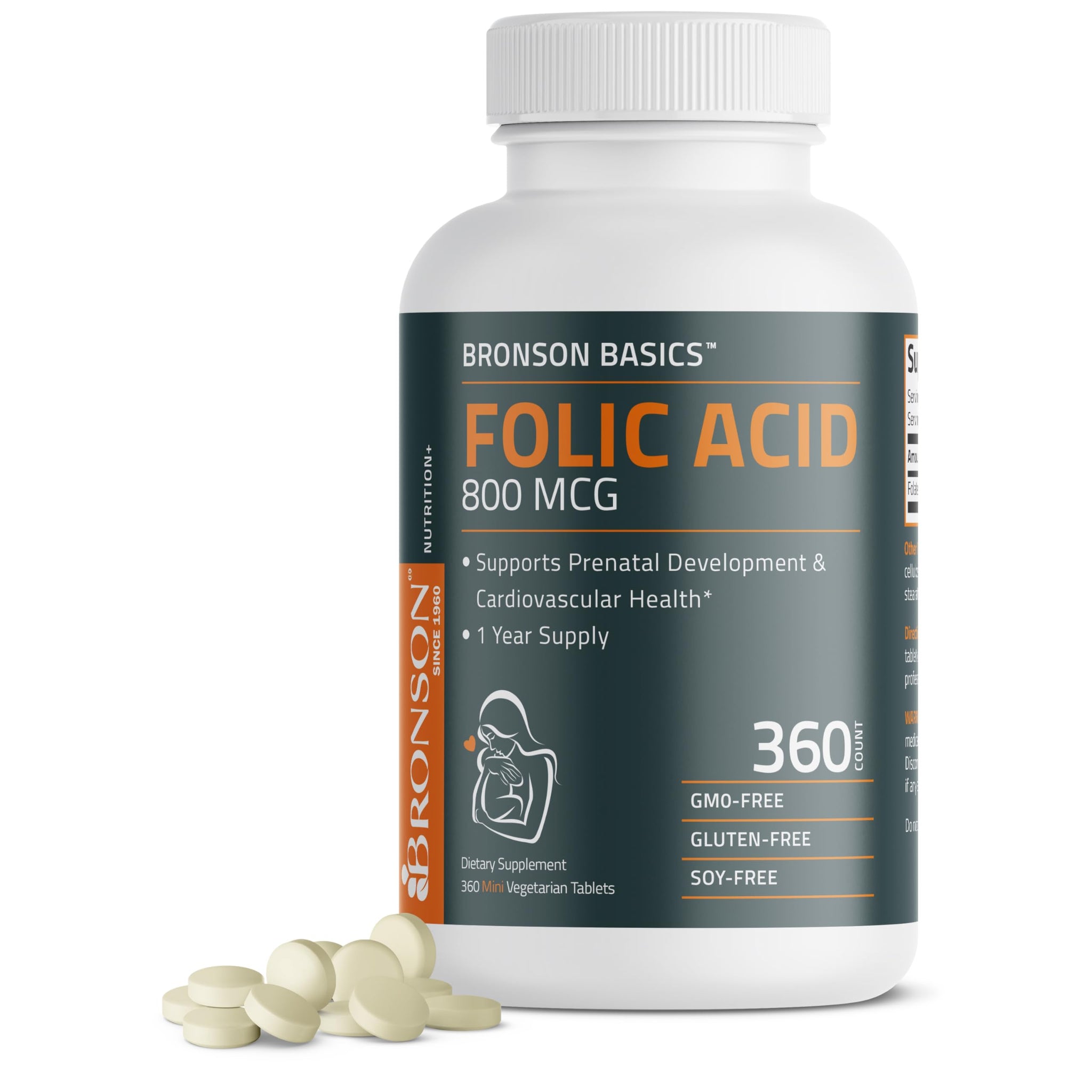 Bronson Folic Acid 800 MCG Supports Prenatal Development, 1 Year Supply, Non-GMO Bronson