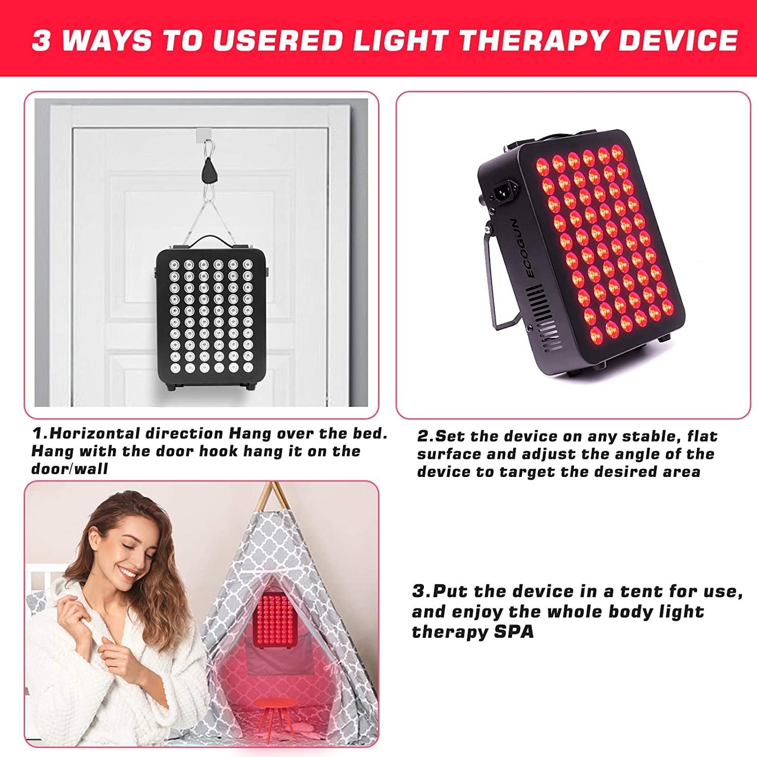 Red Light Therapy Device - Near Infrared Light Therapy with Timer, 60 Clinical Grade LEDs ECOGUN