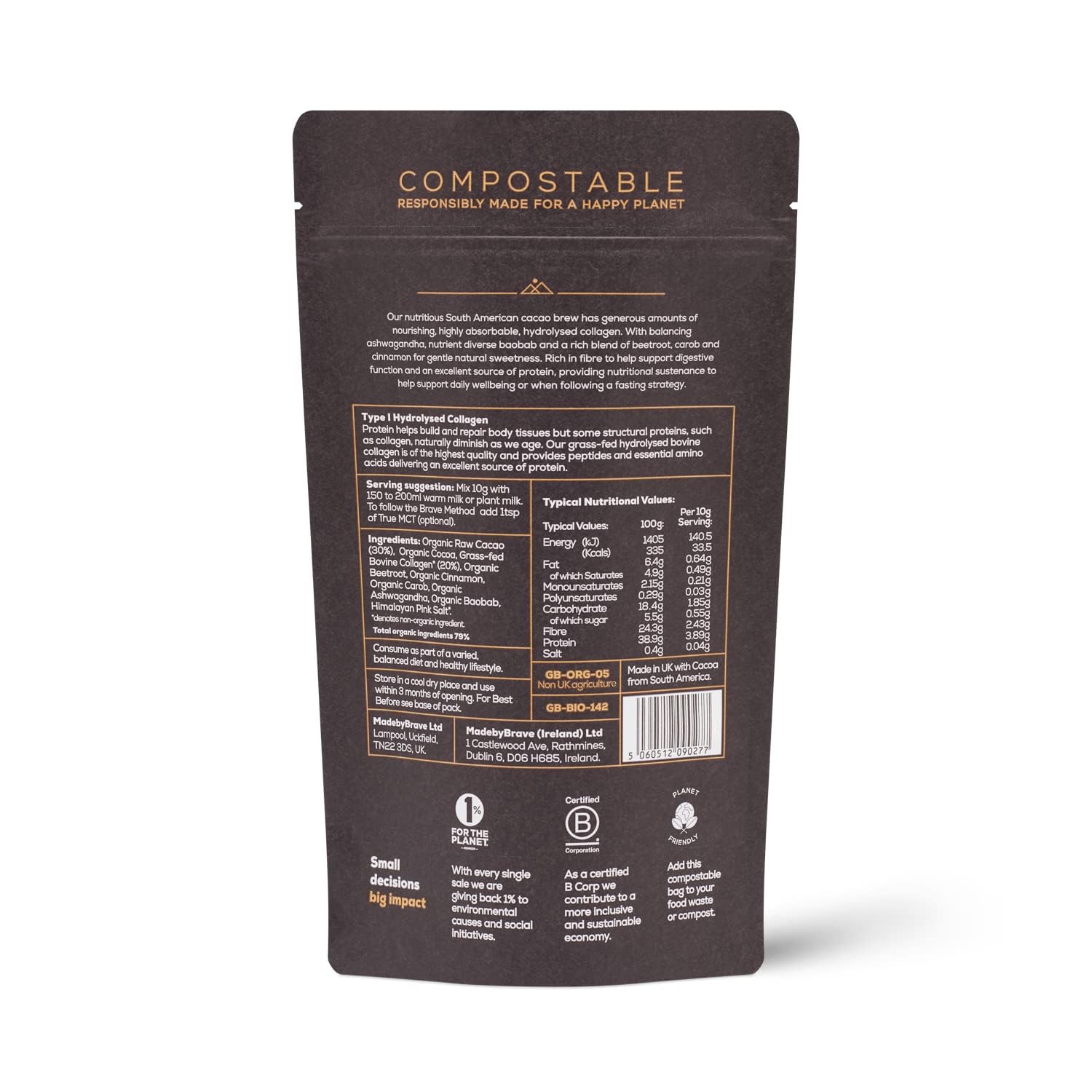 Ancient + Brave - Cacao + Collagen Powder 250g - Peruvian Raw Cacao Hot Chocolate with Grass Ancient + Brave