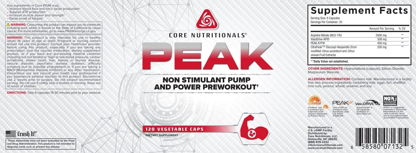 Core Nutritionals Peak, Non-Stimulant Preworkout with VasoDrive-AP® and Peak ATP® for Pumps and Endurance, (120 Count)