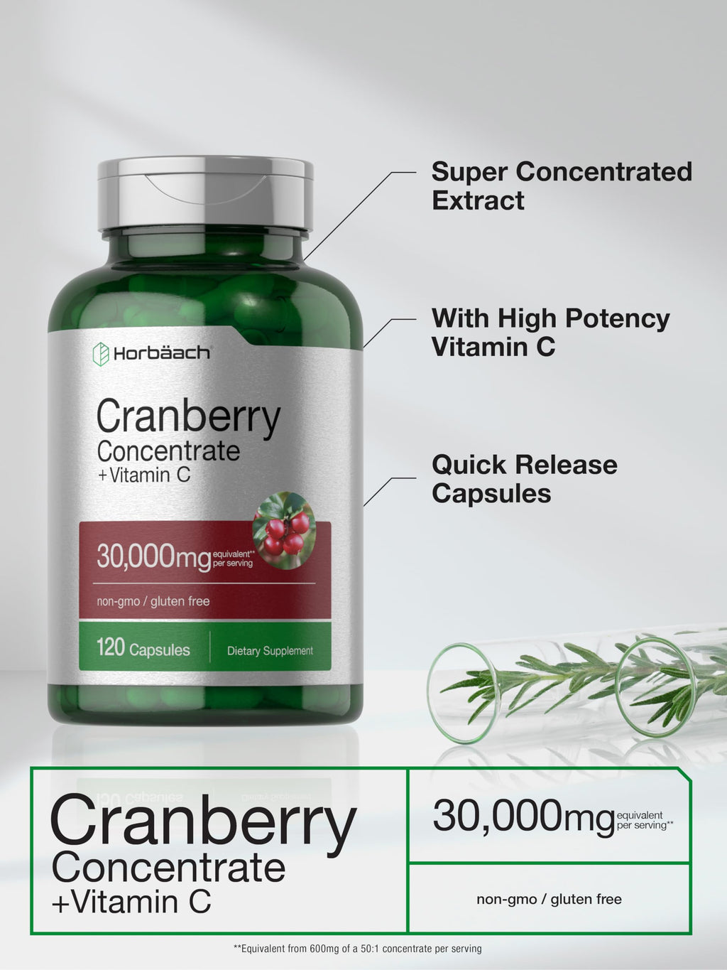 Cranberry Concentrate Extract Pills + Vitamin C | 30,000mg | 120 Capsules | Triple Strength