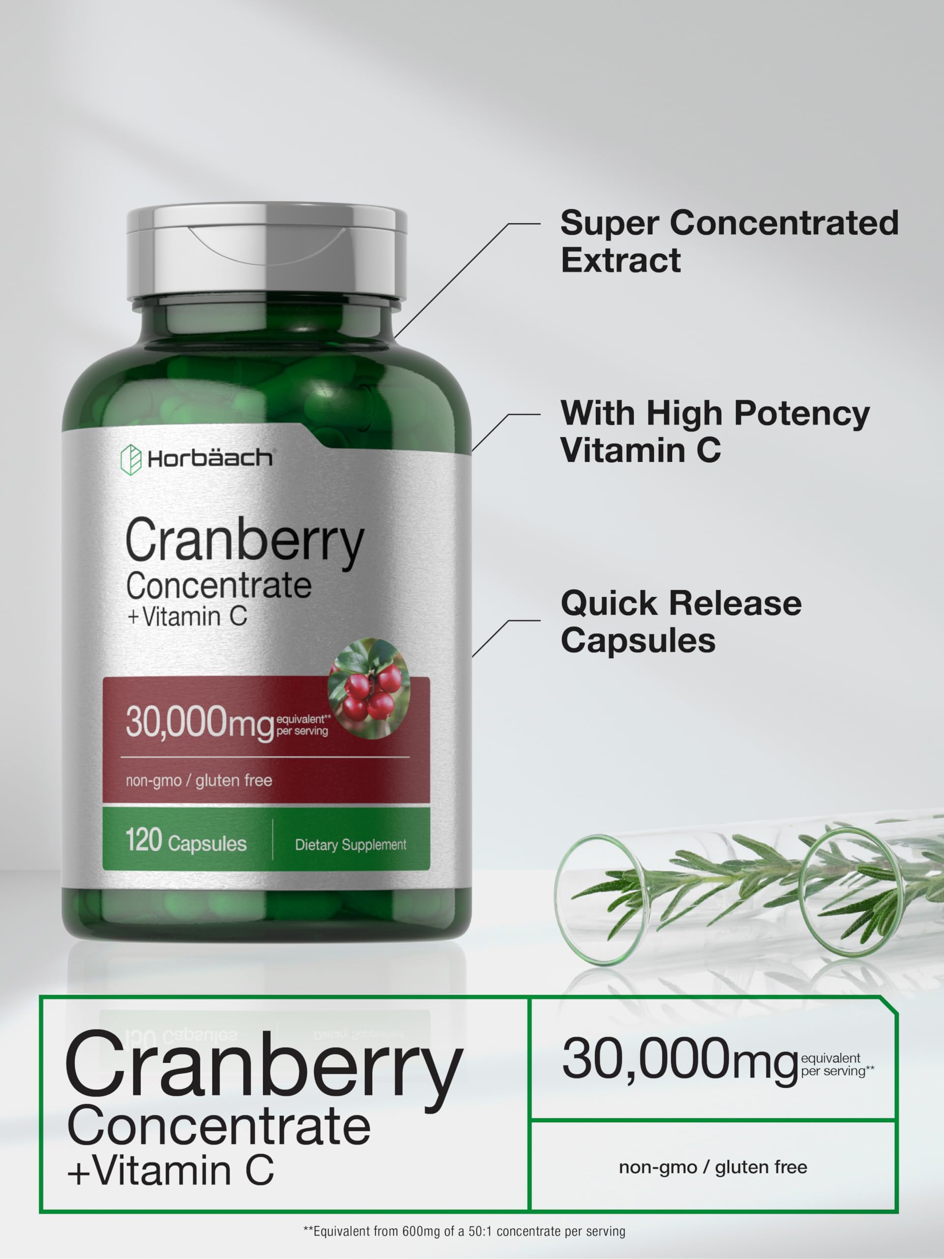 Cranberry Concentrate Extract Pills + Vitamin C | 30,000mg | 120 Capsules | Triple Strength