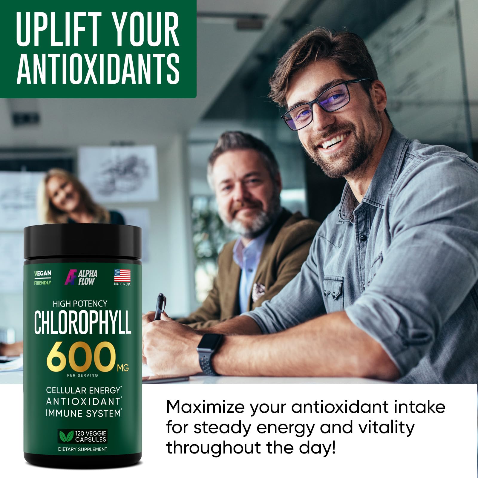 Chlorophyll Capsules 600 mg - Natural Chlorophyll Pills for Women & Men - Highly BioAvailable Alpha Flow