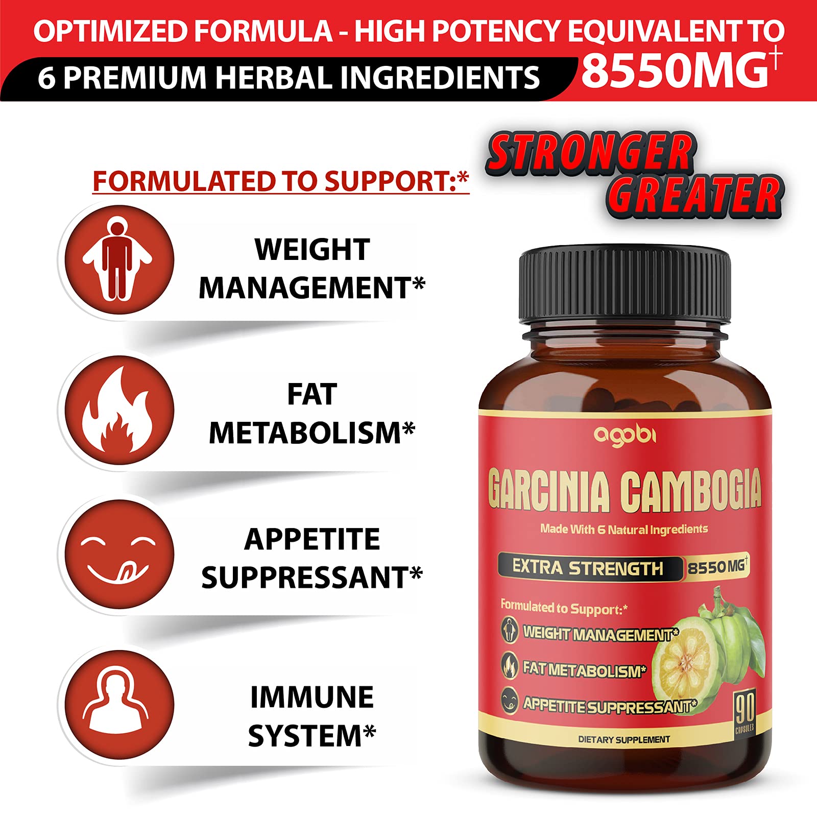 agobi Pure Garcinia Cambogia Capsules 8550mg - 6in1 with Green Tea, Arjuna, Garlic Bulb agobi