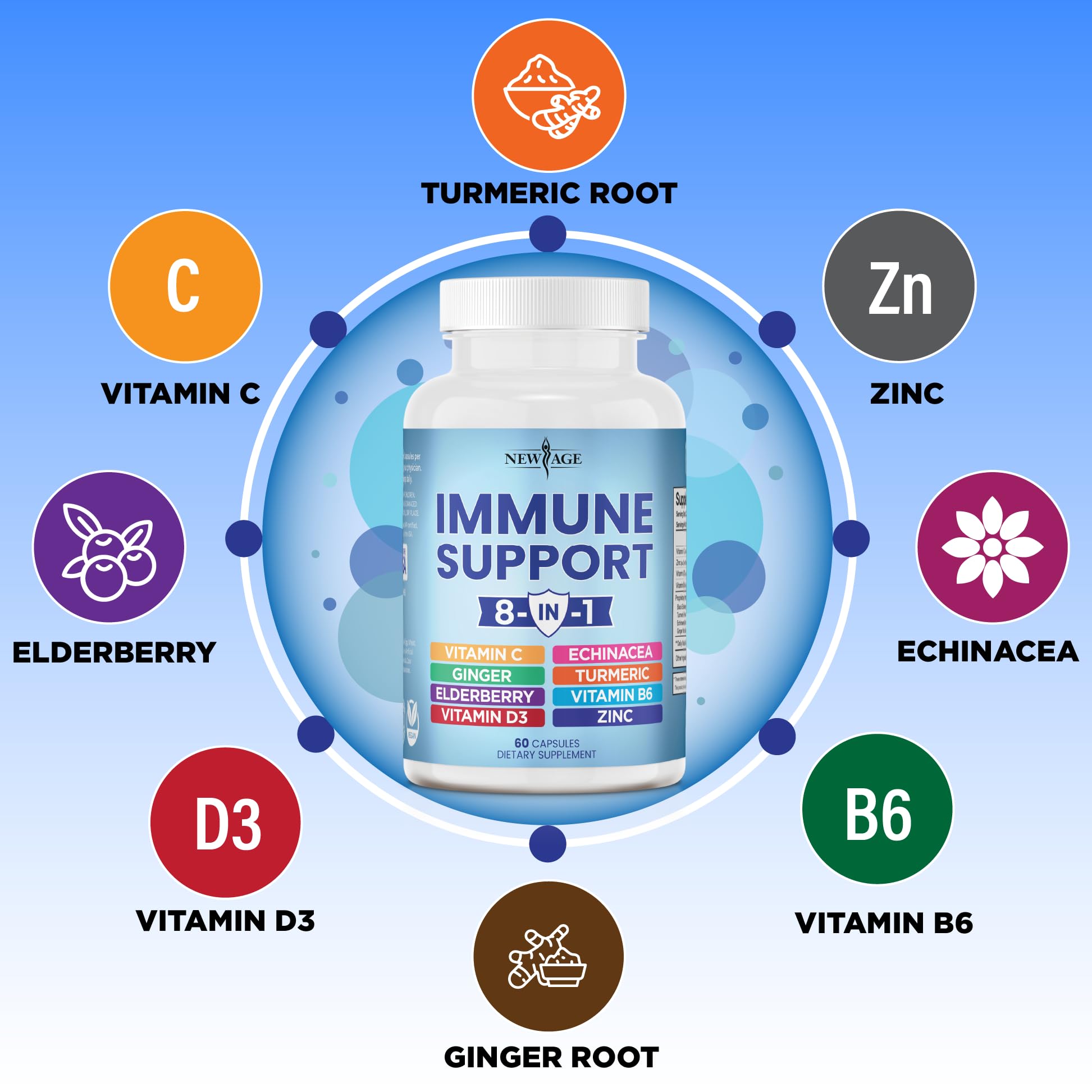 NEW AGE 8 in 1 Immune Support Booster Supplement with Echinacea, Vitamin C NEW AGE