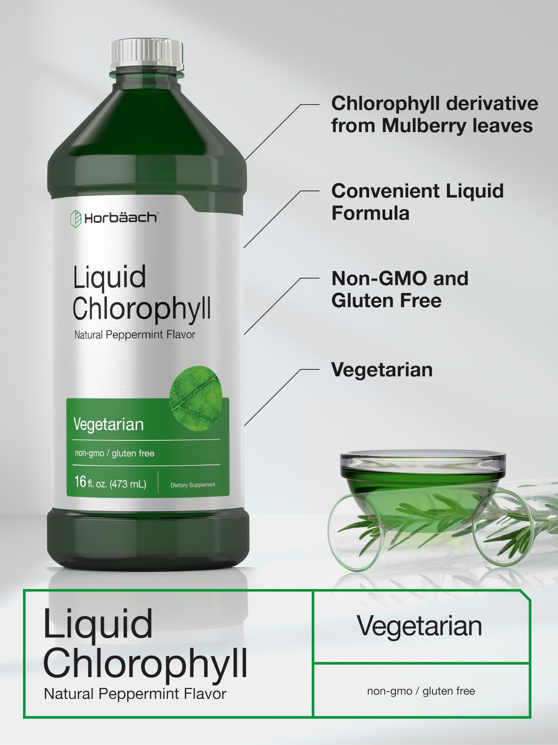 Chlorophyll Liquid Drops 100mg | 32 oz (2 x 16 oz Bottles) | Natural Peppermint Flavor Horbäach