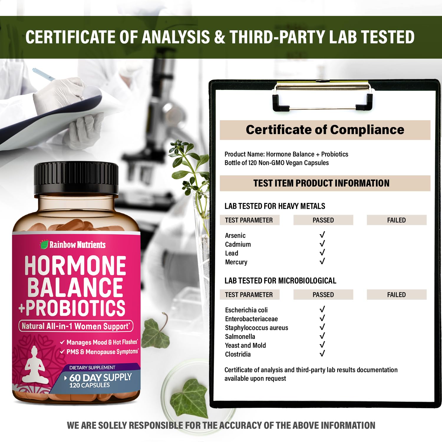 Hormone Balance + Probiotics for Women (3450mg) Natural Relief for Menopause Rainbow Nutrients, LLC