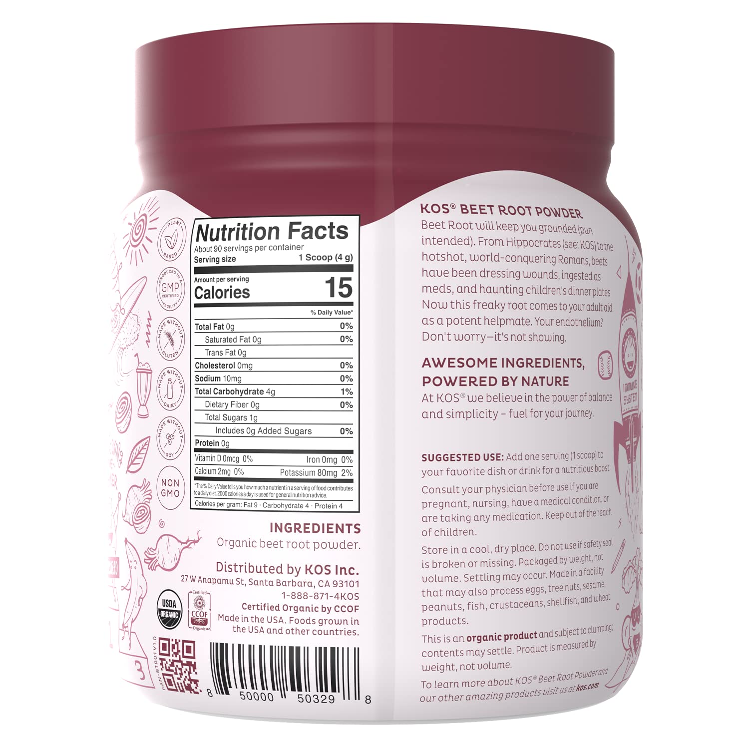 KOS Organic Beet Root Powder - USDA Certified, Nitric Oxide Booster, Non-GMO, Gluten