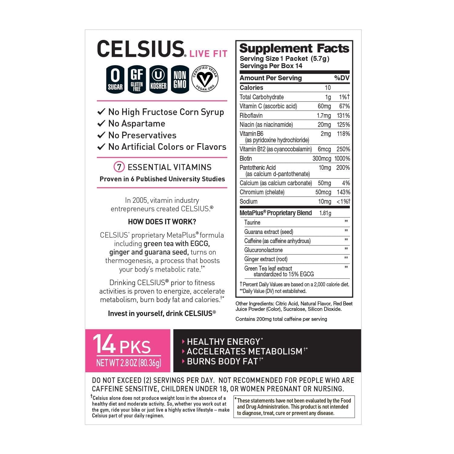 CELSIUS Dragonfruit Lime On-the-Go Powder Stick Packs, Zero Sugar 14 Count(Pack of 1) CELSIUS