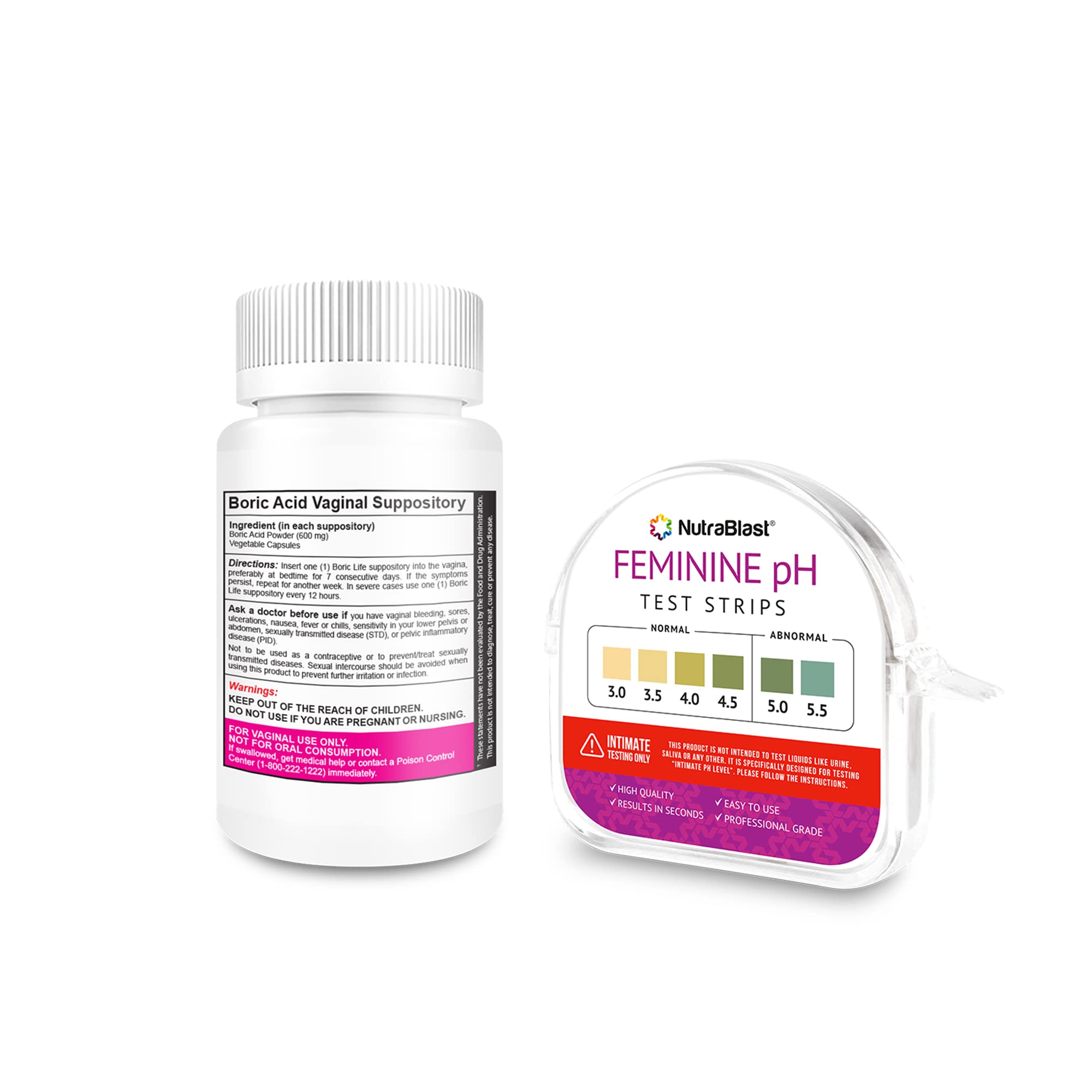 NutraBlast Boric Acid Vaginal Suppositories 600mg (30 Count) w/Feminine pH Test Strips 3.0-5.5 NutraBlast