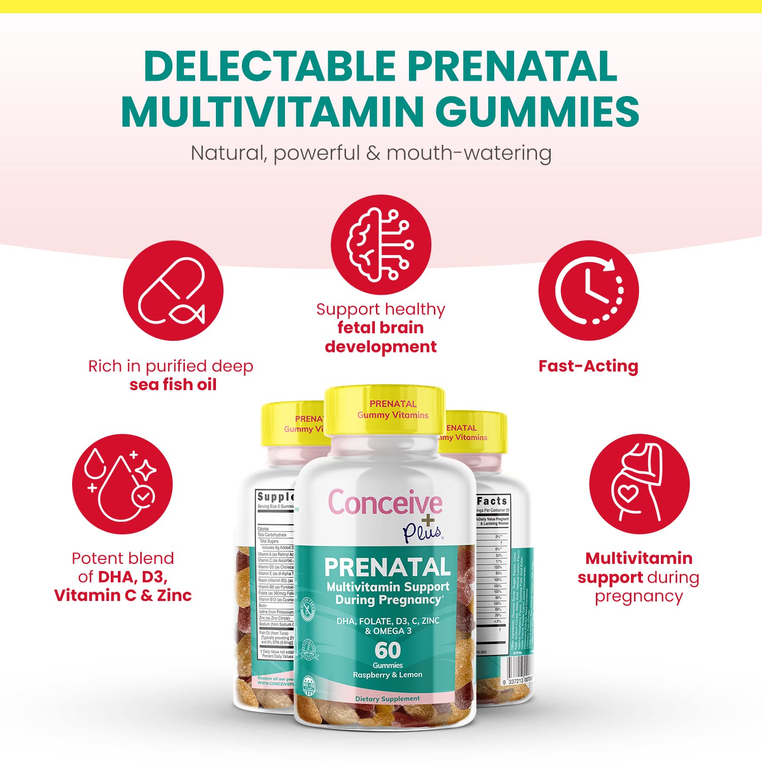 CONCEIVE PLUS Prenatal Gummies - DHA, Folic Acid, Vitamin D3, C, Zinc, and Omega 3, Natural Lemon CONCEIVE PLUS
