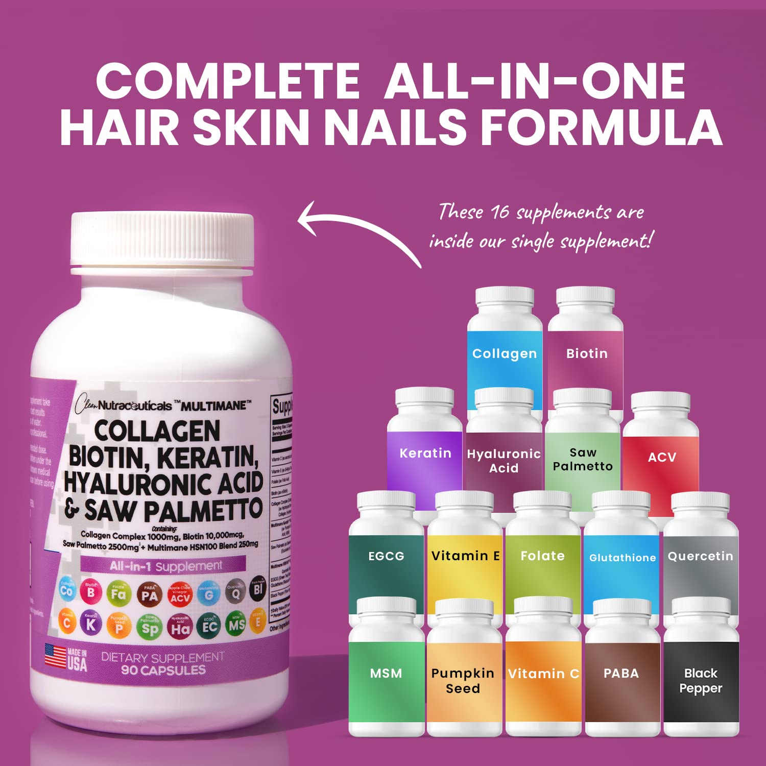 Collagen Pills 1000mg Biotin 10000mcg Keratin Saw Palmetto 2500mg 90 Ct