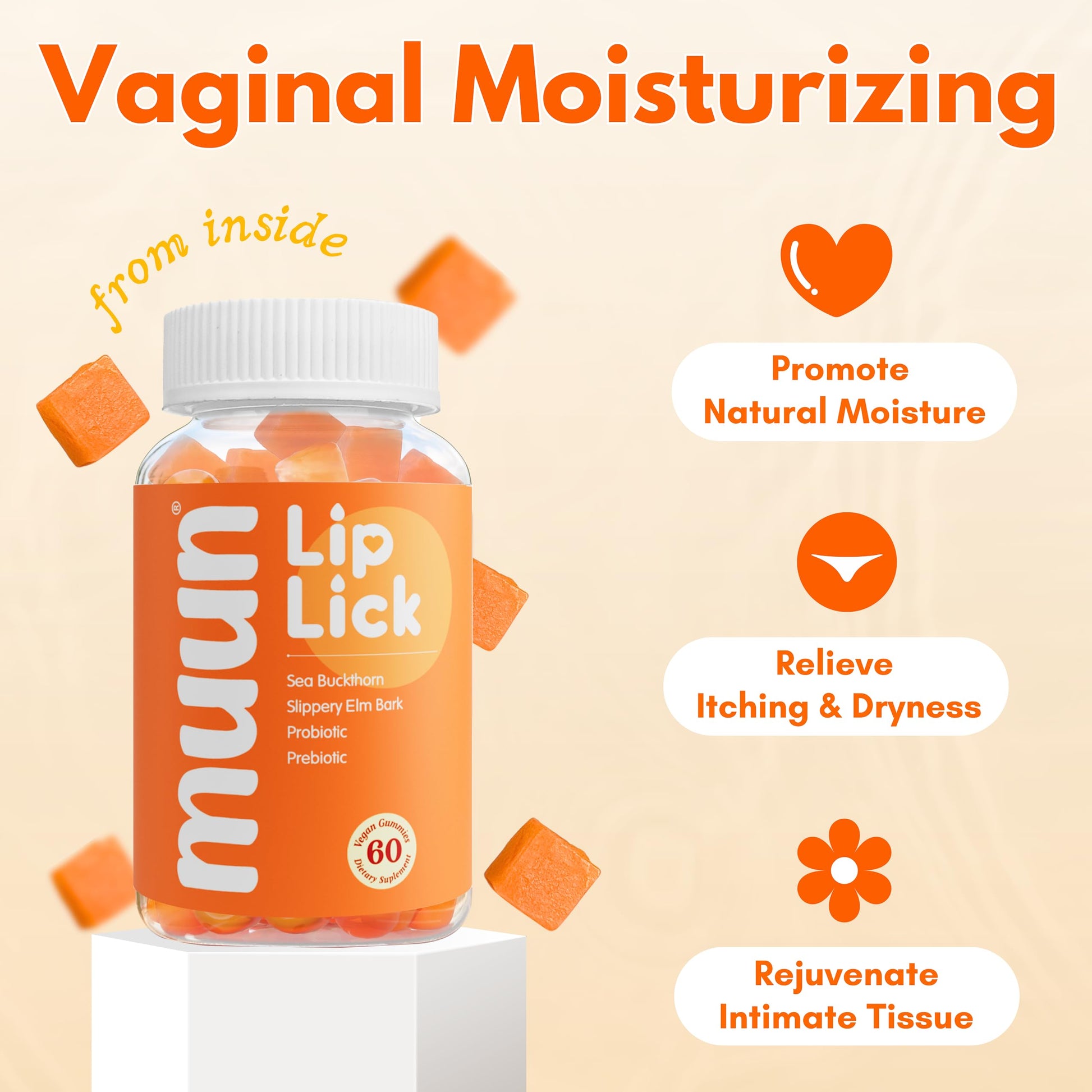 Muun Vaginal Dryness Gummy for Perimenopause Menopause with Slippery Elm Bark, Omega Muun