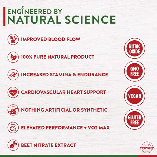 TruWild All Natural Beet Root Powder- Nitric Oxide Booster - 1000mg - Vegan Superfood Capsule Supplement – Beetroot Extract Supports Overall Health, Performance, & Stamina – 30 Servings