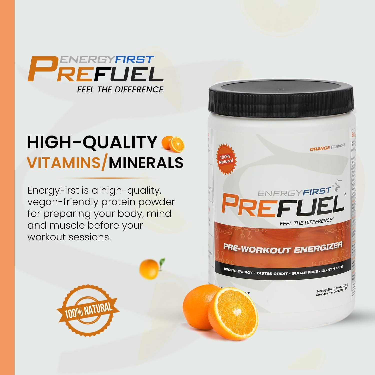 EnergyFirst Prefuel Pre-Workout Powder, Orange Flavor, Boost Energy, Creatine Monohydrate Powder with Amino Acids, L-Tyrosine, Green Tea & Caffeine, Immune Support - 30 Servings