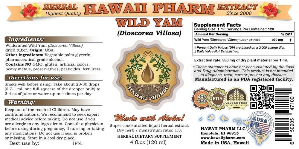 Wild Yam Liquid Extract, Wild Yam (Dioscorea Villosa) Tincture 2x4 oz HawaiiPharm