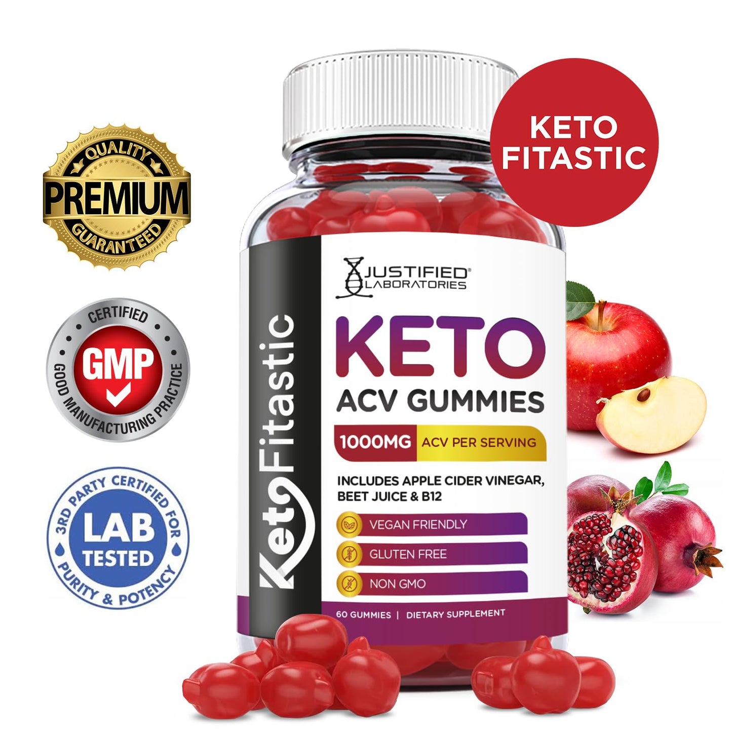 Justified Laboratories (5 Pack) Ketofitastic Keto Gummies 1000MG ACV with Pomegranate