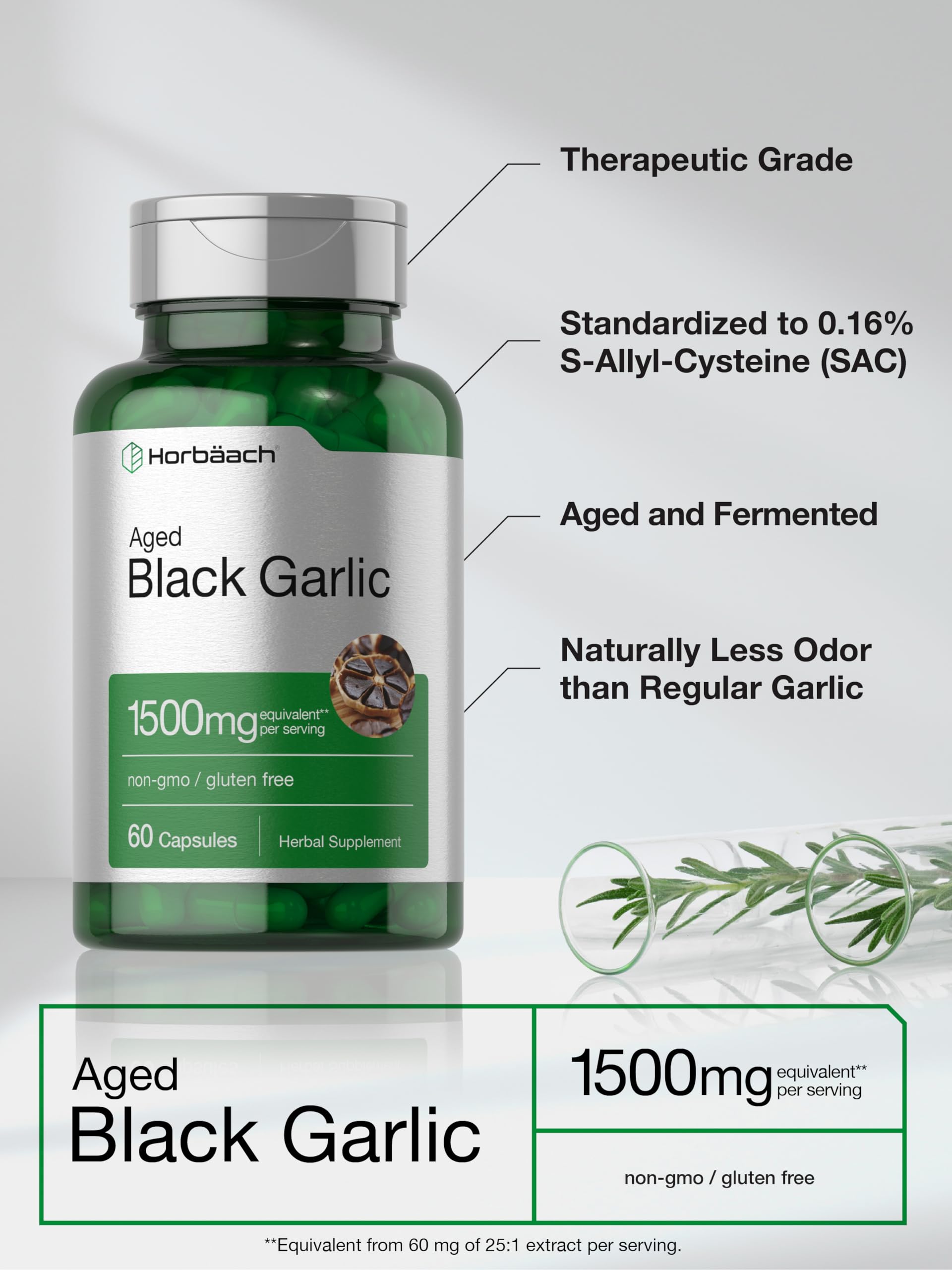 Aged Black Garlic Capsules 1500mg | 60 Count | Fermented Extract Supplement Horbäach