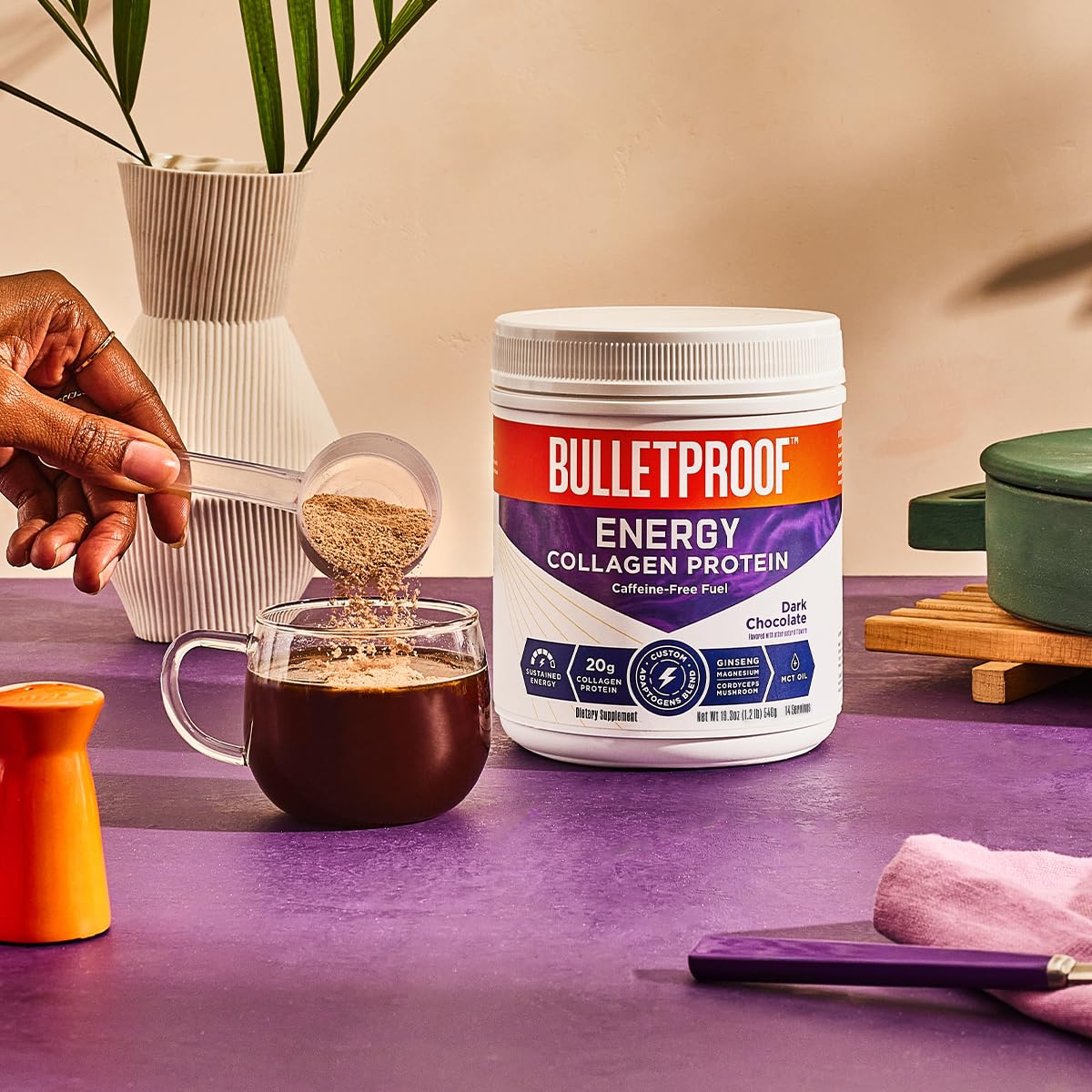 Bulletproof Dark Chocolate Energy Collagen Protein, 19.3 Ounces, Caffeine-Free Fuel Bulletproof