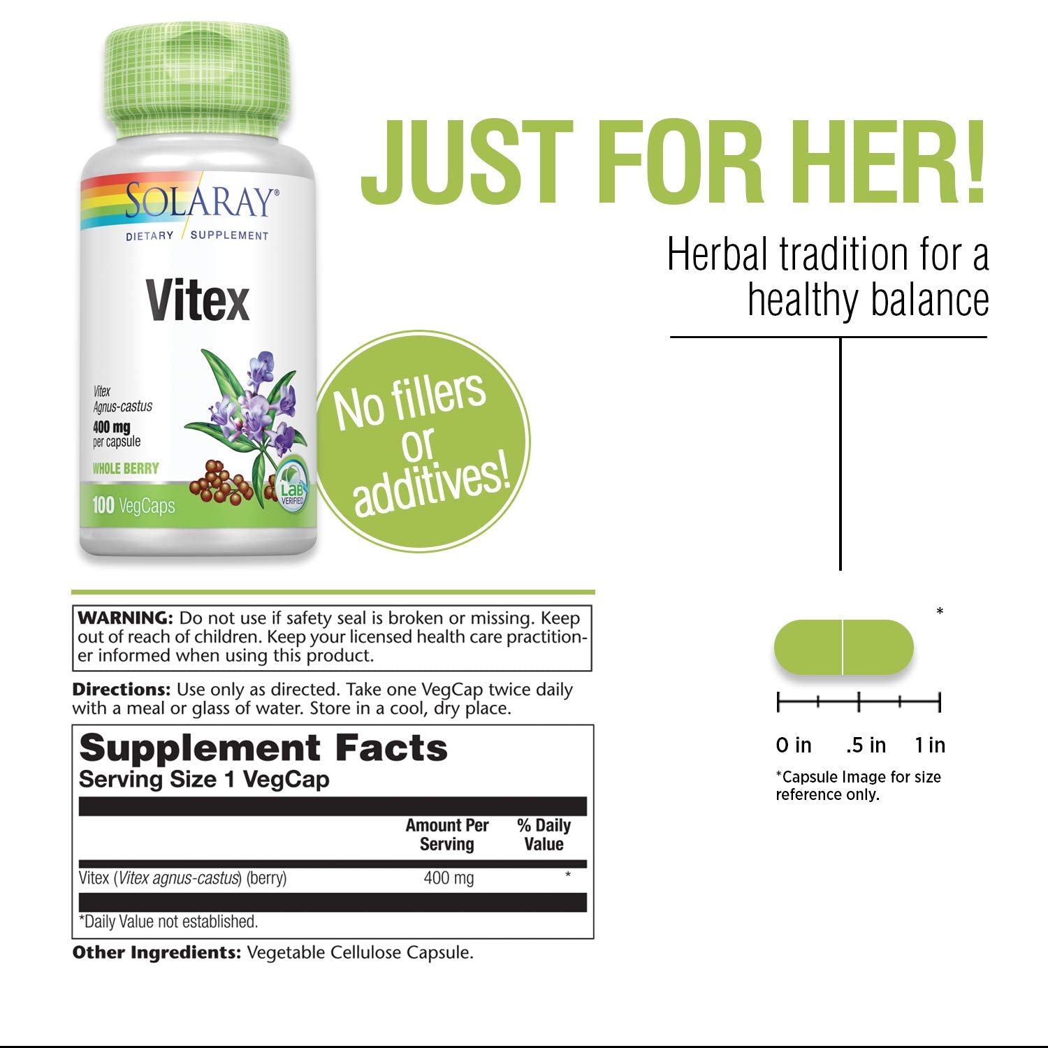 Solaray Vitex Berry 400mg | Womens Healthy Hormone Balance Formula | Menstruation & Menopause Support SOLARAY