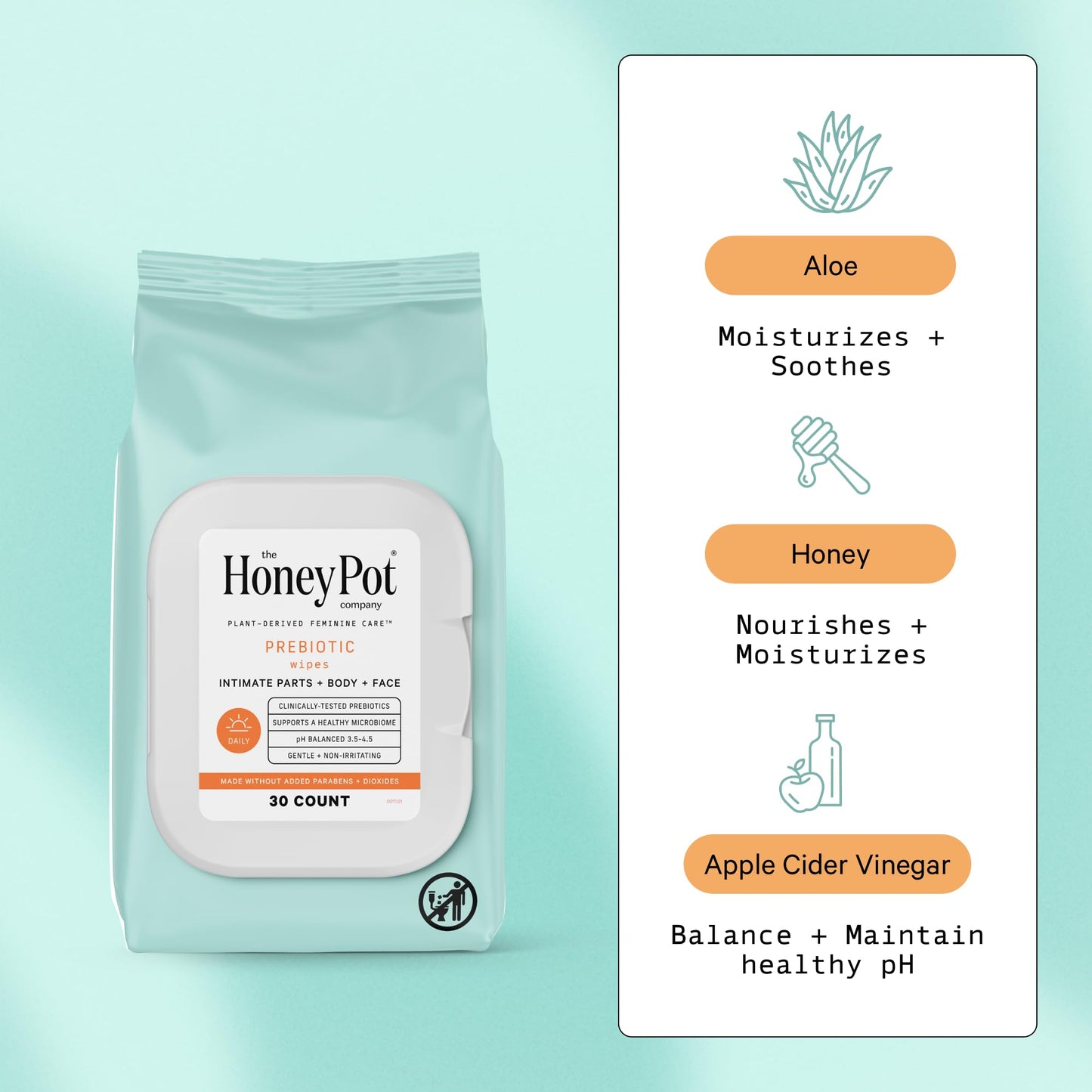 The Honey Pot Company - Prebiotic Feminine Wipes - Herbal Infused Feminine Hygiene Wipes
