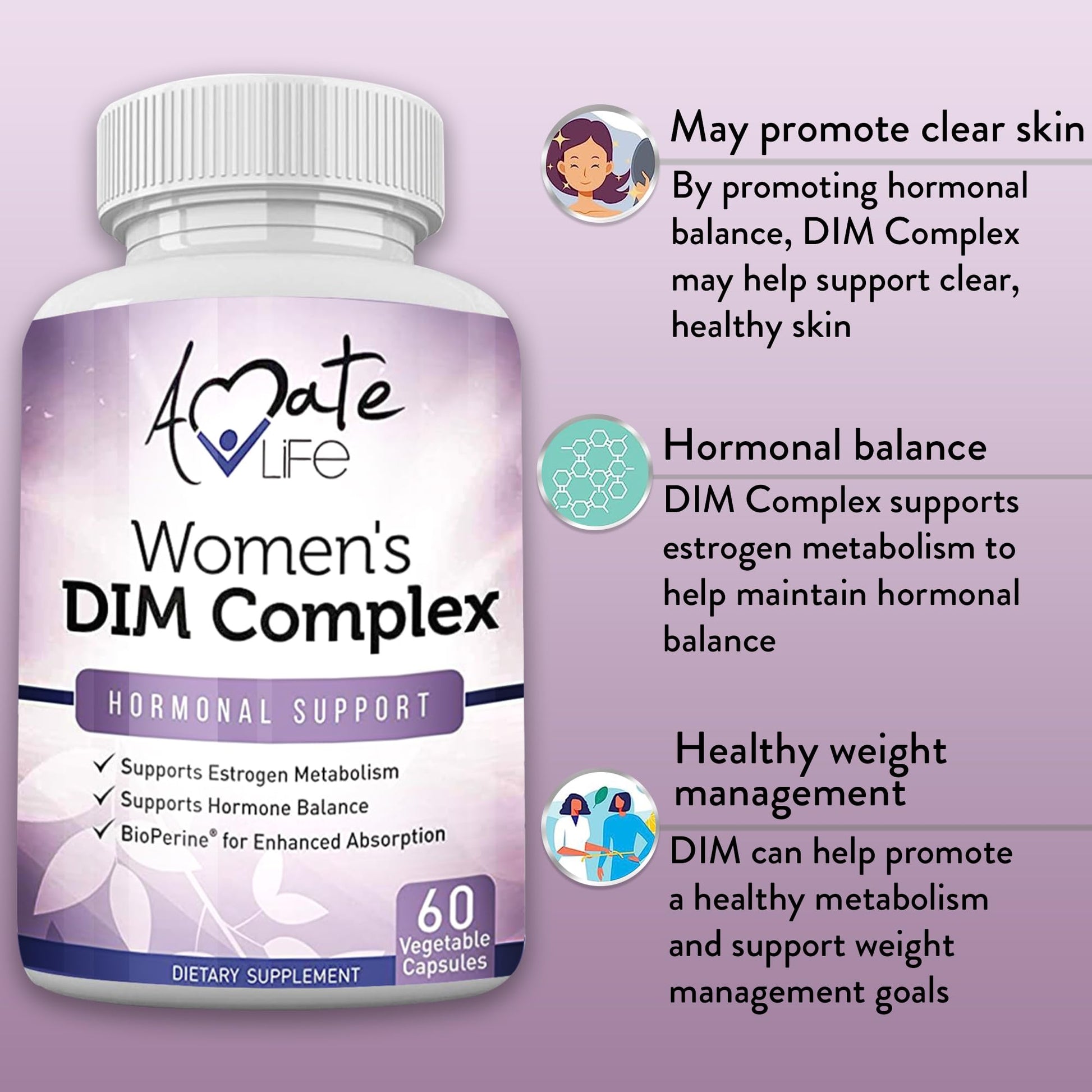 Women’s DIM Complex 150mg - Bioperine Estrogen Balancing Pills for Menopause & Hot Flashes Relief Amate Life