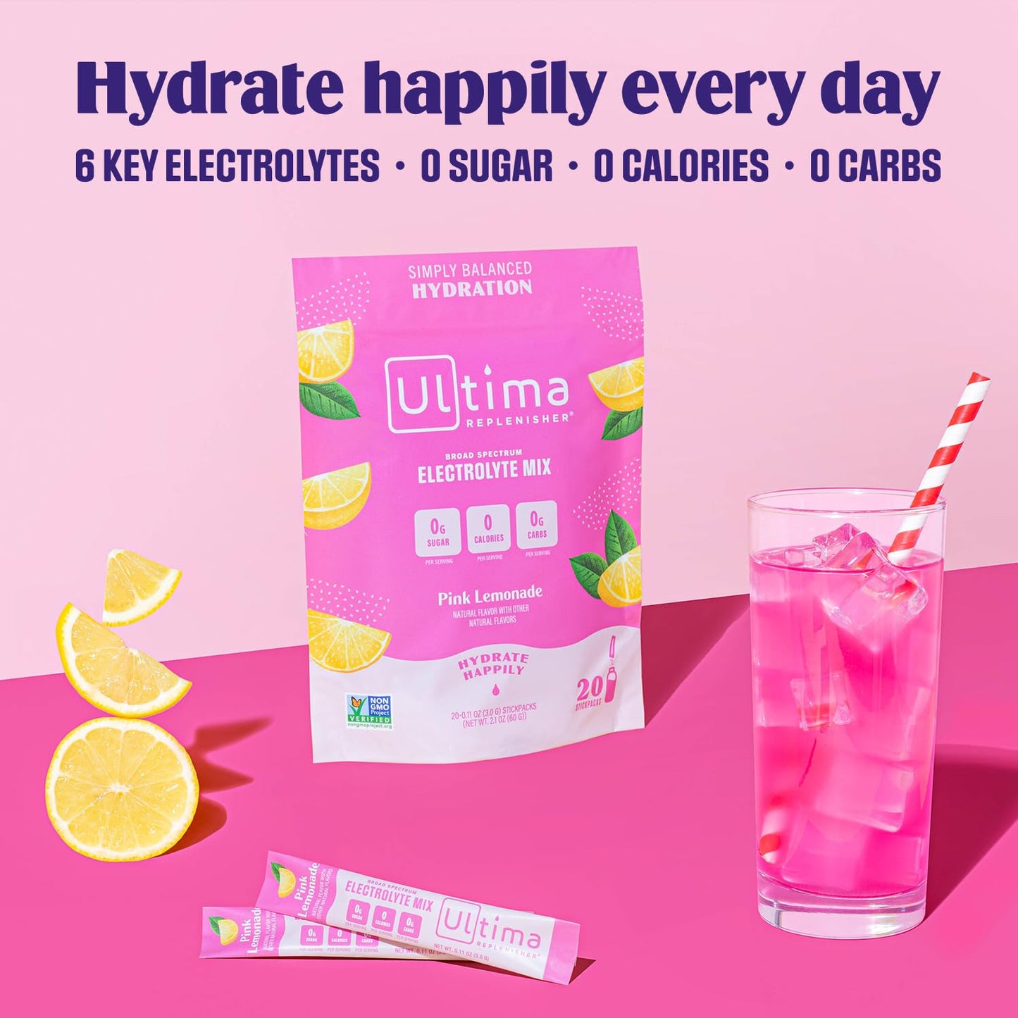 Ultima Replenisher Daily Electrolyte Drink Mix – Pink Lemonade, 20 Stickpacks – Hydration