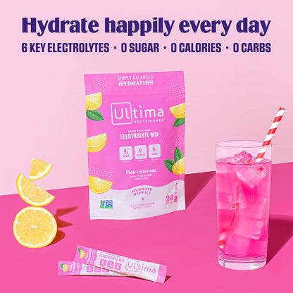 Ultima Replenisher Daily Electrolyte Drink Mix – Pink Lemonade, 20 Stickpacks – Hydration