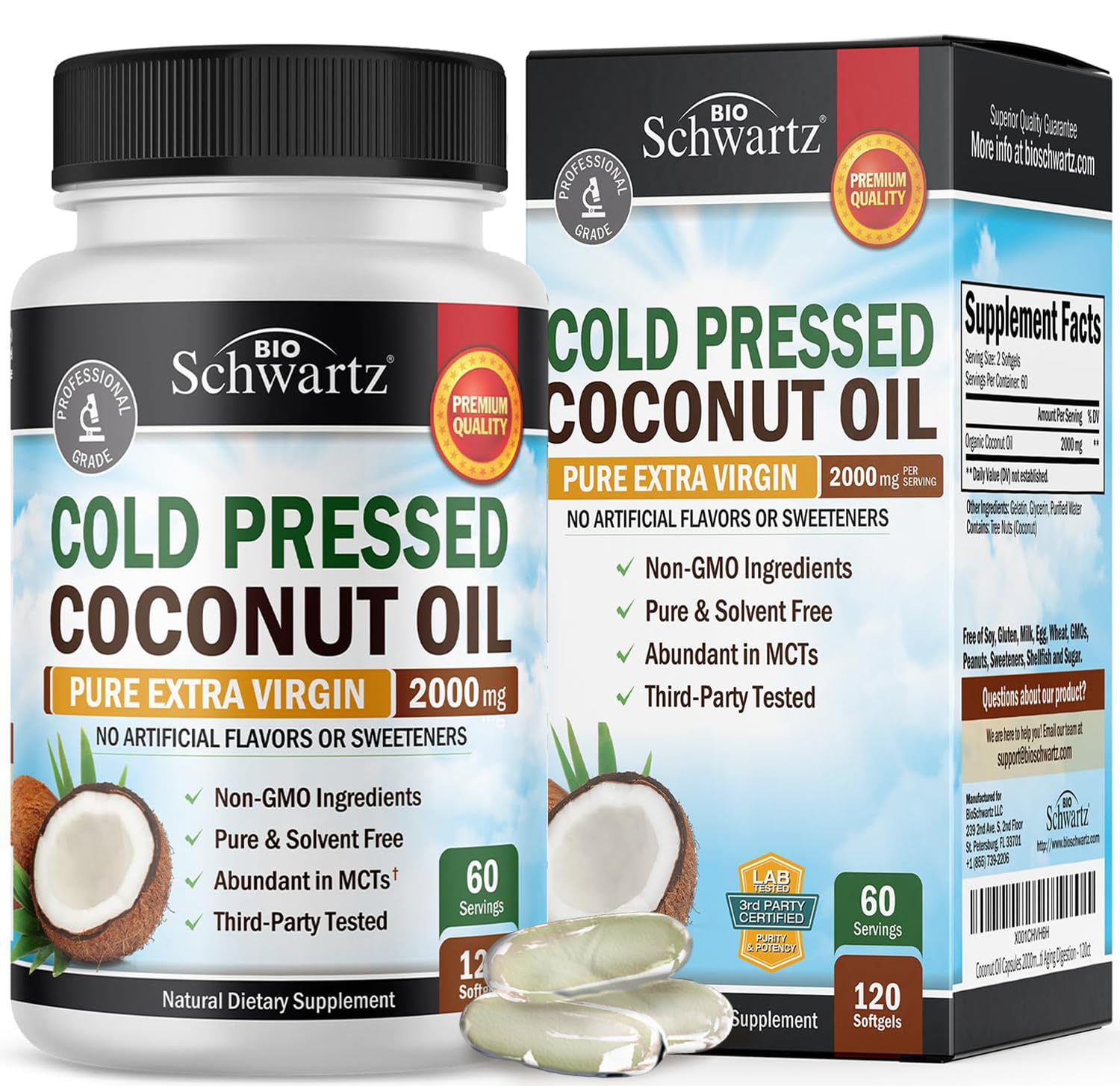 Coconut Oil Capsules 2000mg - Organic Pure Extra Virgin Unrefined Cold Pressed MCT 