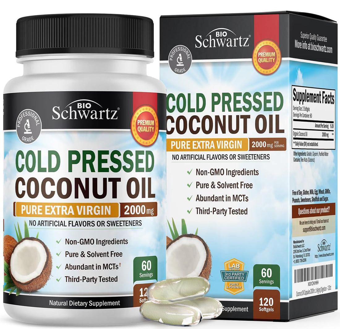 Coconut Oil Capsules 2000mg - Organic Pure Extra Virgin Unrefined Cold Pressed MCT 