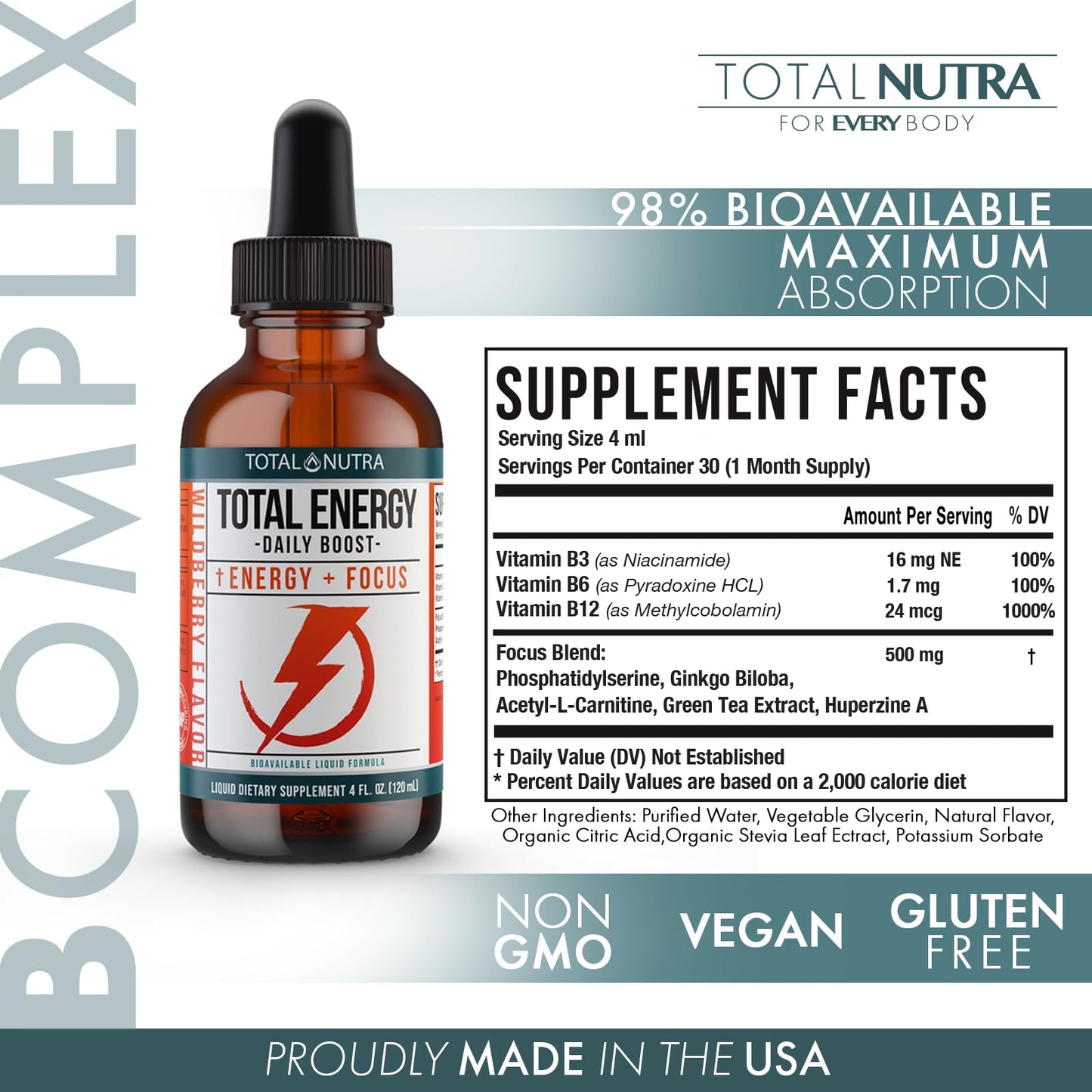 Extra Strength Vitamin B Complex Drops- B Vitamins B12, B6, B3- Vegan and Non GMO