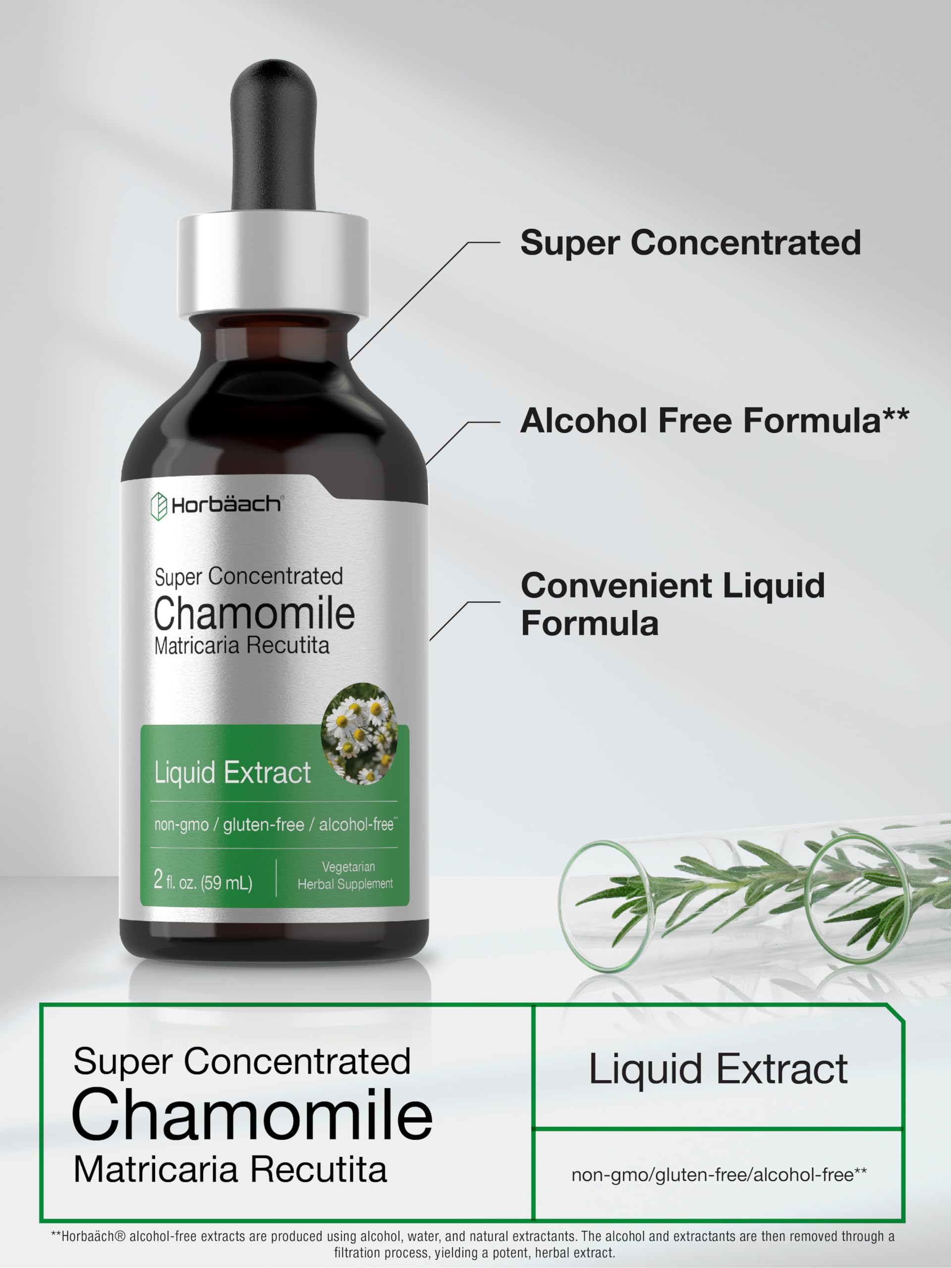 Chamomile Extract Liquid | 2 fl oz | Alcohol Free Supplement | Vegetarian, Non-GMO Horbäach