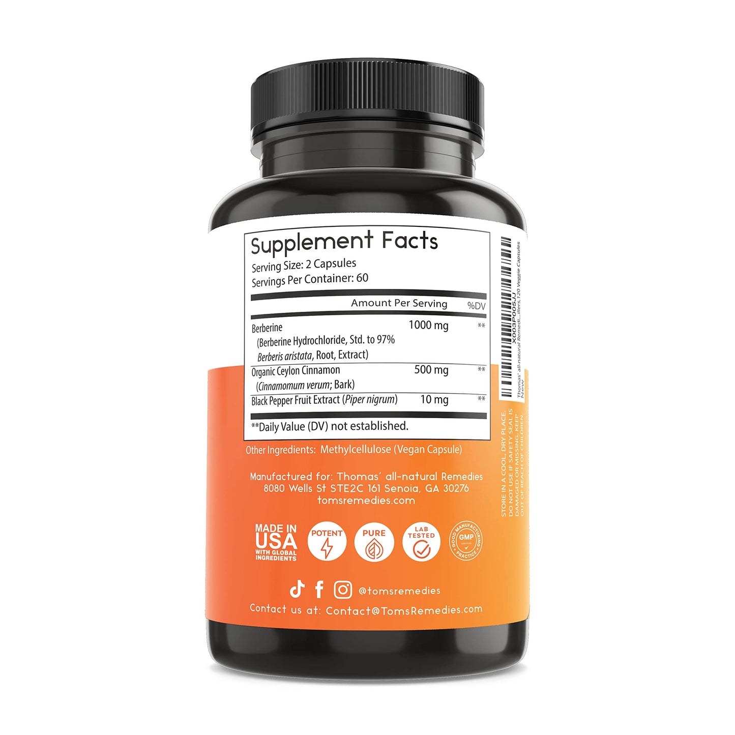 Thomas' all-natural Remedies Berberine 500mg (1000mg Per Serving)- 120 Vegan Capsules