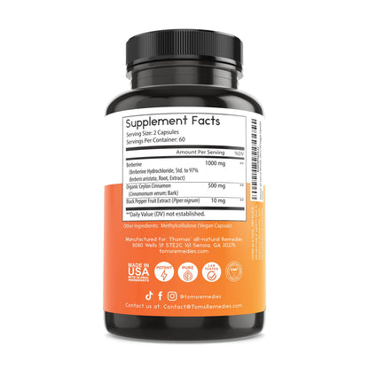 Thomas' all-natural Remedies Berberine 500mg (1000mg Per Serving)- 120 Vegan Capsules