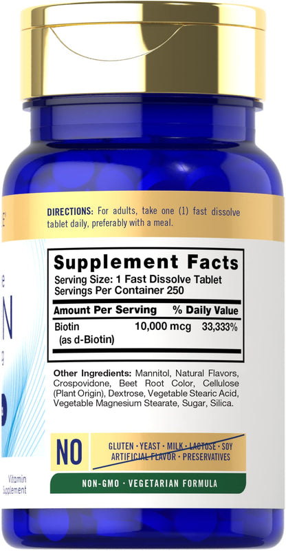 Carlyle Biotin 10000mcg | 250 Fast Dissolve Tablets | Max Strength | Vegetarian, Non-GMO