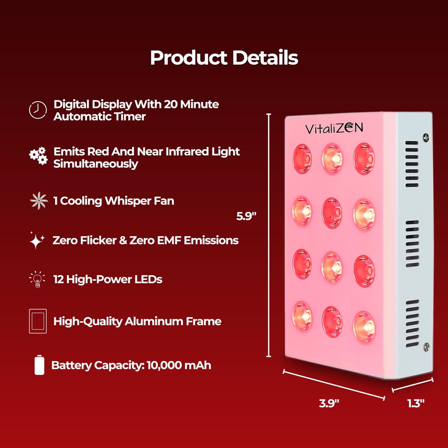 VitaliZEN Cosmo 60 Watt, Rechargeable Red & Near-Infrared Light Therapy Device. 660nm & 850nm